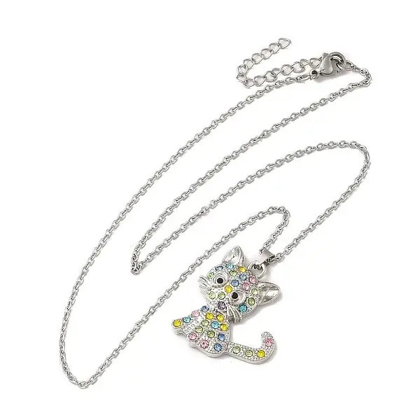 Alloy Rhinestone Cat Pandant Necklace with Cable Chains
