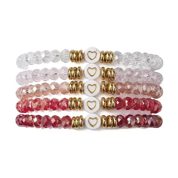 5Pcs Glass & Brass & Acrylic Beaded Stretch Bracelets Set