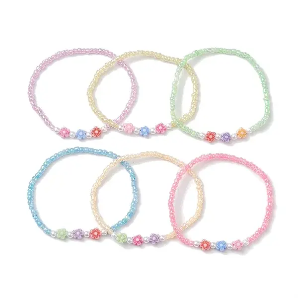 6Pcs 6 Colors Flower Acrylic Stretch Bracelets