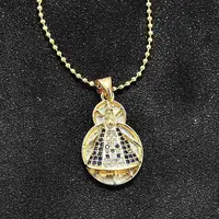 Brass Clear & Blue Cubic Zirconia Nossa Senhora Aparecida Virgin Pendant Necklaces for Women