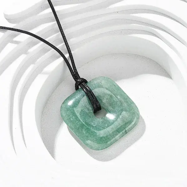 Natural Green Aventurine Square Pendants Black PU Leather Cord Necklaces