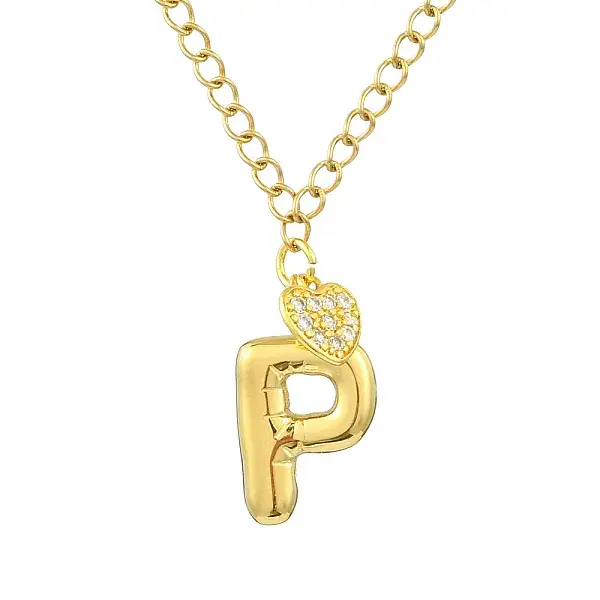 304 Stainless Steel Clear Cubic Zirconia Heart & Letter Pendant Curb Chain Necklaces for Women