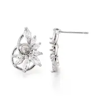 Flower Brass Micro Pave Clear Cubic Zirconia Stud Earrings Findings for Half Drilled Beads
