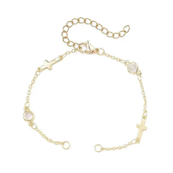 Brass Pave Clear Cubic Zirconia Flat Round Cross Bracelet Making