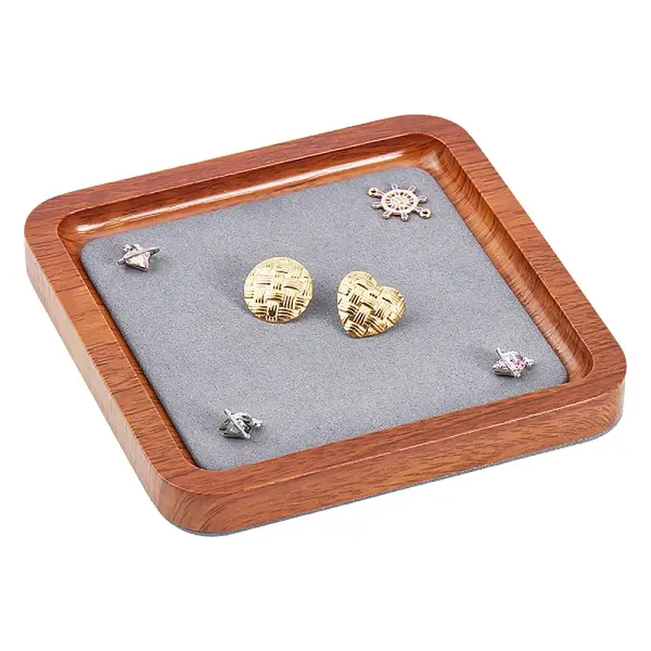 Square Wood Jewelry Storage Tray with Microfiber Fabric Mat Inside