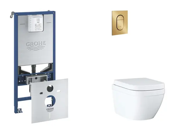 Grohe Rapid SLX - Set předstěnové instalace, klozetu, sedátka SoftClose a tlačítka Arena Cosmopolitan S, Triple Vortex, kartáčovaný Cool Sunrise SANI1
