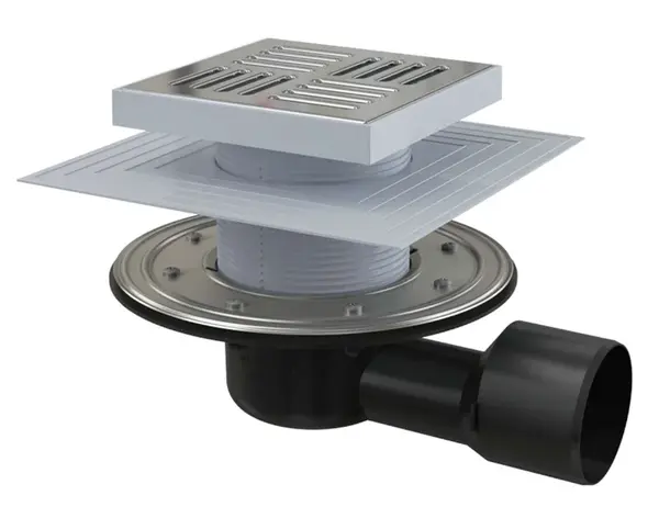 Alcadrain Odtokové kanálky - Podlahová vpust boční 15x15 cm, průměr 5/8 cm, 2. úrovně izolace, vodní a suchá zápachová uzávěra, nerez/plast APV3444
