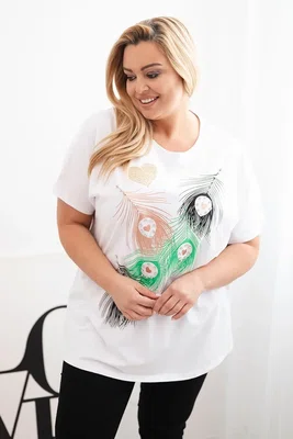 Kesi Włoski Dámská bavlněná halenka Plus Size s motivem peří bílá + zelená