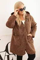 Kesi Włoski Dámský kabát Plus Size z viskózy na zip s kapucí hnědý