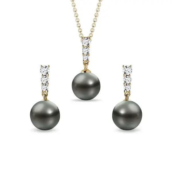 Súprava šperkov zo žltého zlata s perlami a diamantmi KLENOTA