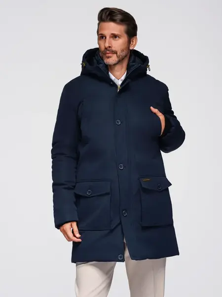 Ombre Elegant men's parka with cargo pockets and hood - navy blue