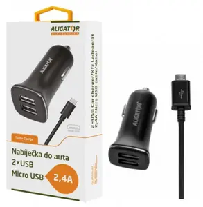Nabíječka do auta ALIGATOR s microUSB kabelem a 2xUSB výstupem 2,4A, Turbo charge, Black