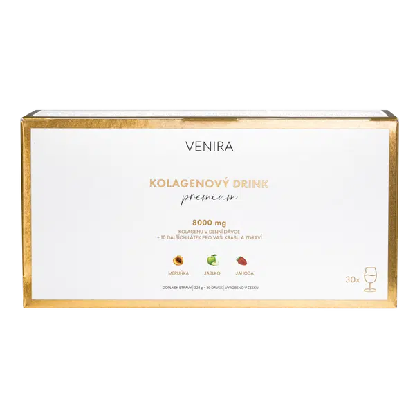 VENIRA PREMIUM kolagenový drink pro vlasy, nehty a pleť, mix 3 příchutí (meruňka, jablko, jahoda), 30 sáčků