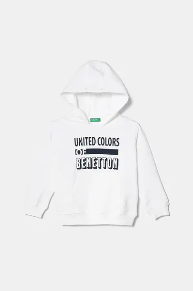 Dětská bavlněná mikina United Colors of Benetton bílá barva, s kapucí, s potiskem, 3J68G2011