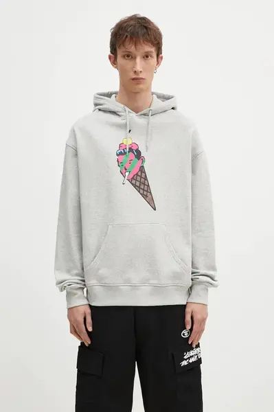 Bavlněná mikina ICECREAM Cone Man Popover Hood pánská, šedá barva, s kapucí, s potiskem, IC24487