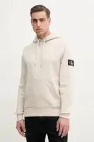 Bavlněná mikina Calvin Klein Jeans pánská, béžová barva, s kapucí, s aplikací, J30J323430
