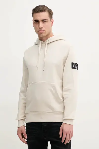 Bavlněná mikina Calvin Klein Jeans pánská, béžová barva, s kapucí, s aplikací, J30J323430