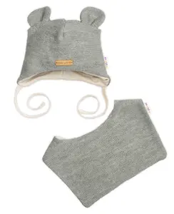 Baby Nellys Pletená čepice s bavlněnou podšívkou a šátkem 2v1, Teddy Hand made - šedá, 68/74
