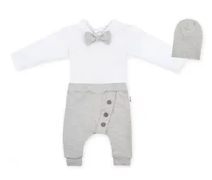Baby Nellys 3-dílná sada Hubert, body s motýlkem, tepláčky a čepička - šedý vel.  98