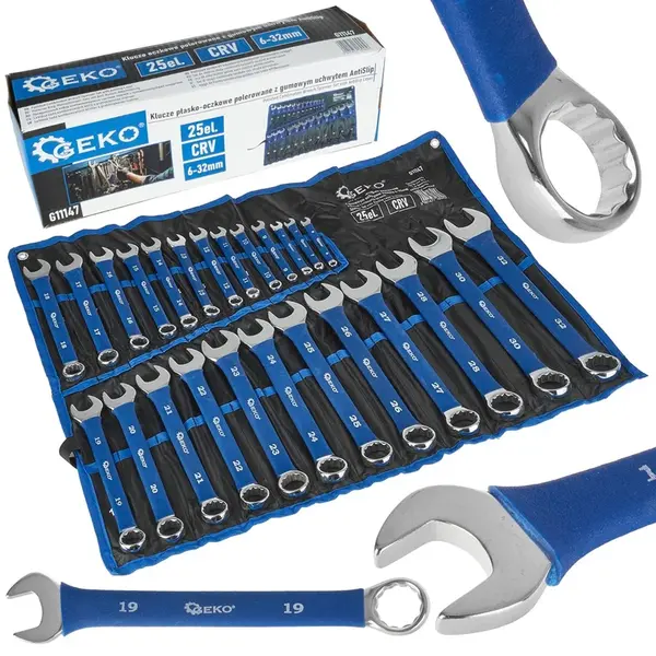 GEKO Očkoploché klíče, protiskluzové, 6-32 mm, 25 ks v látkovém obalu