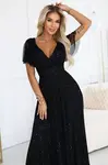 635-2 MELANIA long, shiny dress with a neckline and short sleeves - black