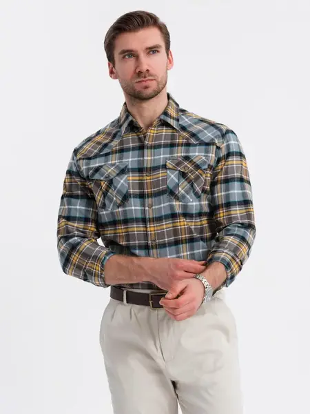 Ombre Men's checkered flannel shirt with pockets - gray-yellow