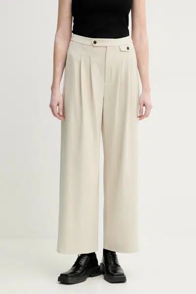 Kalhoty s příměsí vlny Gestuz dámské, béžová barva, jednoduché, high waist, 10910011