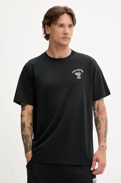 Bavlněné tričko Converse pánské, černá barva, s potiskem, 10027716-A01