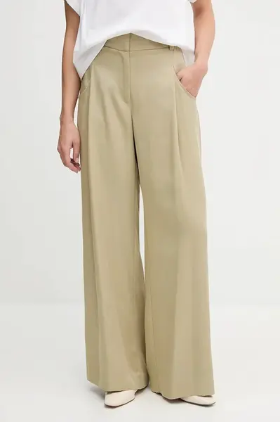 Kalhoty Sisley dámské, zelená barva, široké, high waist, 4V7PLF06N