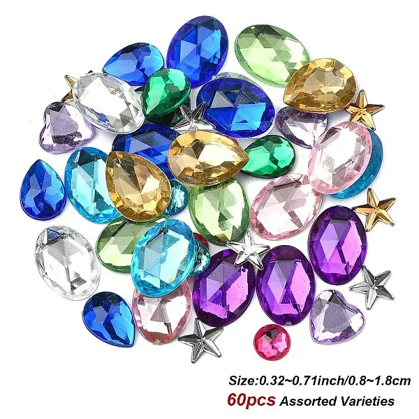 60Pcs 15 Styles Acrylic Rhinestone Flat Back Cabochons