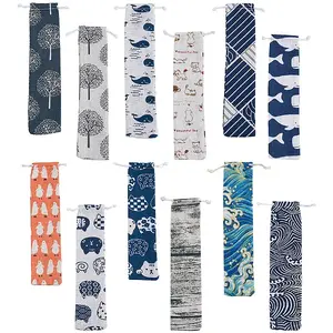 12Pcs 12 Styles Rectangle Cotton Linen Printed Drawstring Pouches with Cord