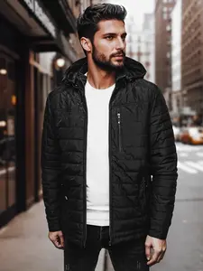 Pánska čierna prešívaná bunda s kapucňou