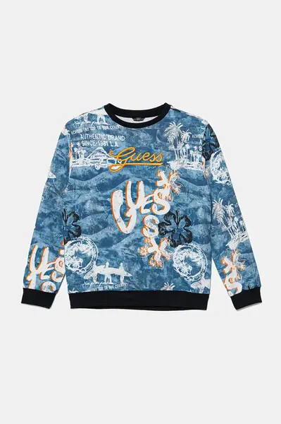Dětská bavlněná mikina Guess modrá barva, vzorovaná, L5GQ05 KA6R4