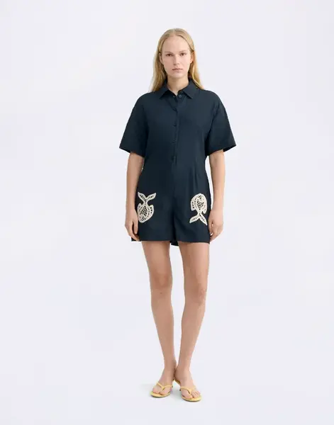 Thinking MU Navy Fish Patch Roberta Jumpsuit BLUE L
