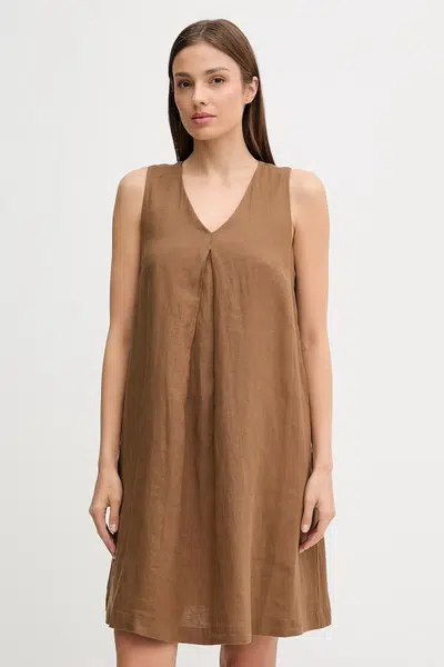 Lněné šaty United Colors of Benetton hnědá barva, mini, 4AGHDV0AX