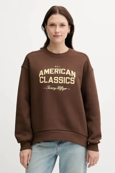 Mikina Tommy Hilfiger dámská, hnědá barva, s aplikací, WW0WW45752