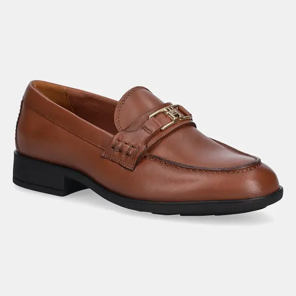 Kožené mokasíny Tommy Hilfiger TH LOGO LEATHER LOAFER dámské, hnědá barva, na plochém podpatku, FW0FW08705
