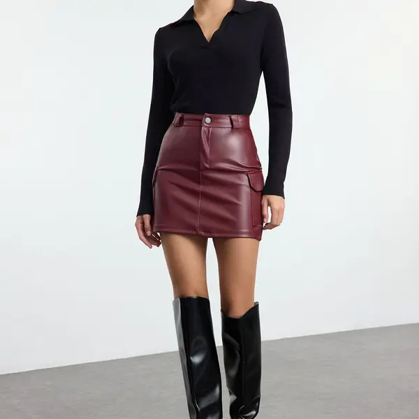 Trendyol Burgundy Faux Leather Cargo Pocket High Waist Fitted Mini Knitted Skirt