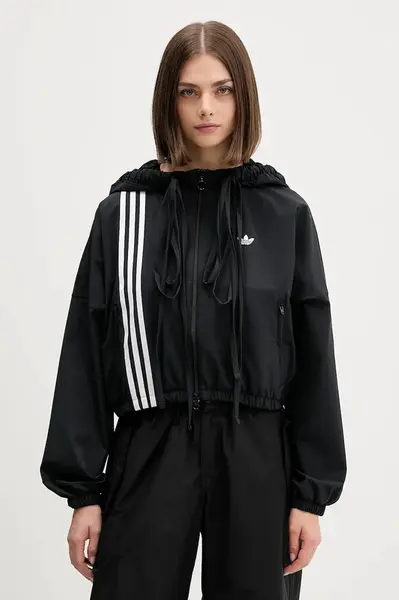 Mikina adidas Originals Ribbon Off Placed 3 Stripes Tracktop dámská, černá barva, s kapucí, s aplikací, JX2698