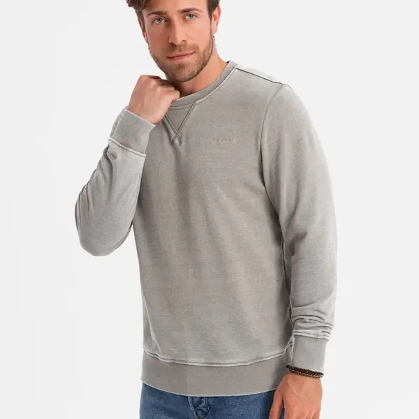 Ombre Washed men's sweatshirt with decorative stitching at the neckline - beige
