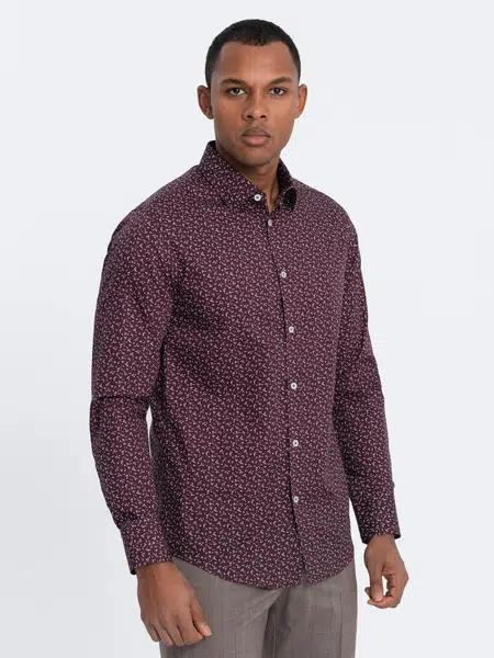Ombre pánská bavlněná vzorovaná SLIM FIT košile - vínová
