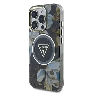 Zadní kryt Guess IML Glitter Magnolia and Triangle Logo MagSafe pro Apple iPhone 16 Pro, černá