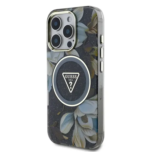 Zadní kryt Guess IML Glitter Magnolia and Triangle Logo MagSafe pro Apple iPhone 16 Pro, černá