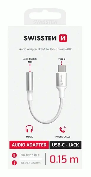AUDIO ADAPTÉR SWISSTEN TEXTILE USB-C / 3,5mm AUX 0,15 M, BÍLÁ