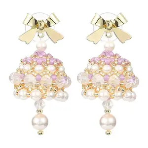 Naturla Shell Pearl Bell with Alloy Bowknot Dangle Stud Earrings