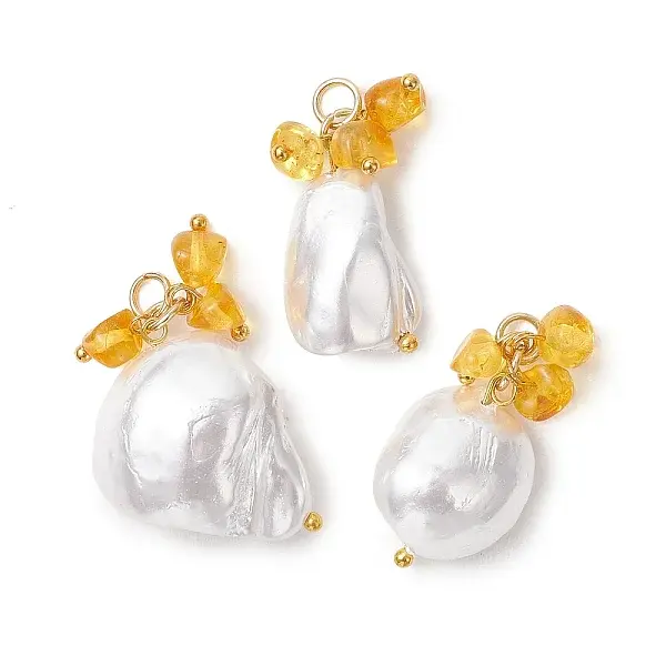 Natural Amber Chip & Shell Pearl Pendants