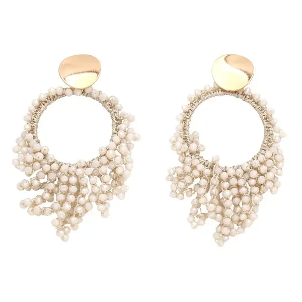 Flat Round Brass Glass Bead Dangle Stud Earrings