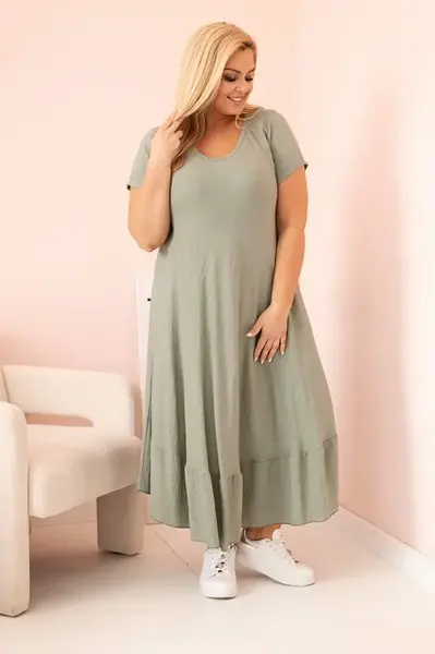 Kesi Włoski Dámské šaty plus size s krátkým rukávem a volánem z lehké viskózy khaki