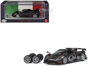 Pagani Imola Dark Gray Metallic with Carbon and Orange Accents with Extra Wheels 1/64 Diecast Model Car by CM Model