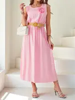 Resti Women's midi dress with straps, featuring a round neckline with a decorative flower